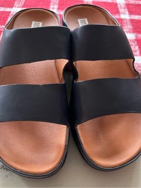 Fitflop Navy Blue Leather Double-Strap Slide Sandals